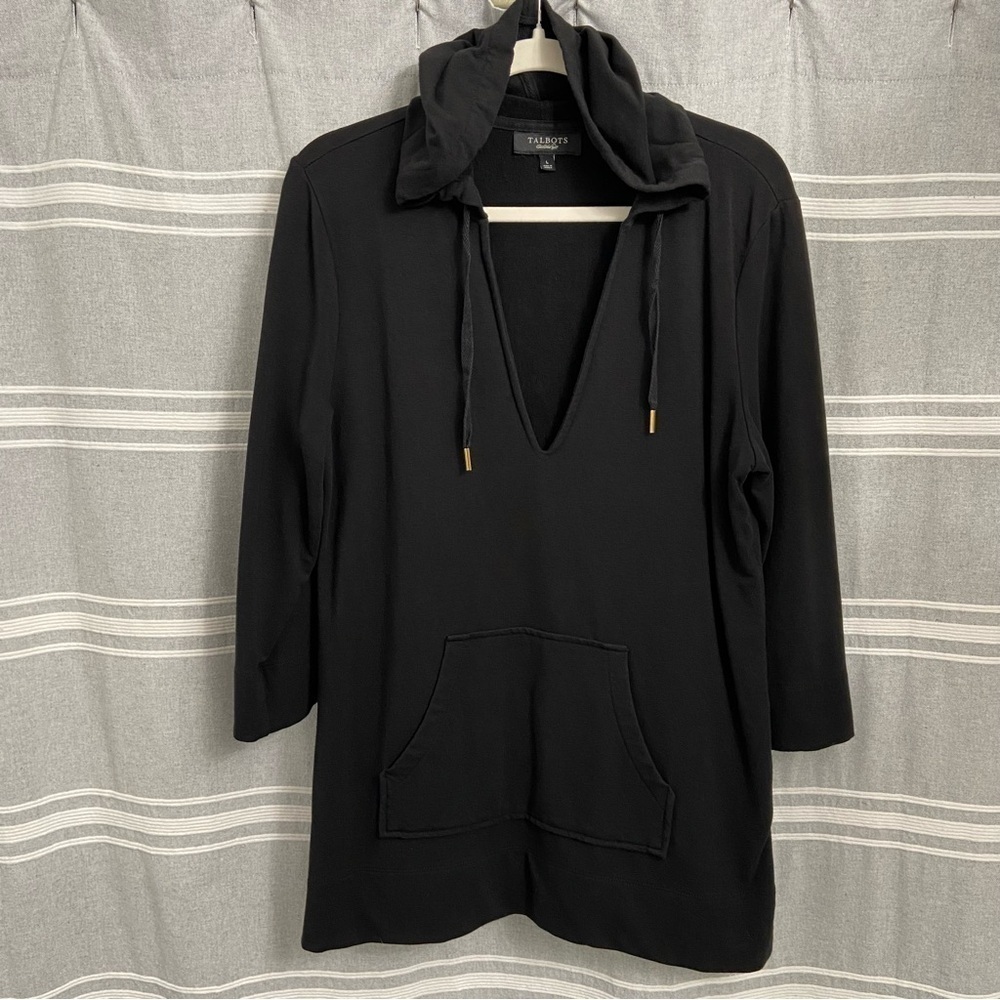 TALBOTS / Black Hooded Tunic 3/4 Sleeve Sweater Jacket Size L